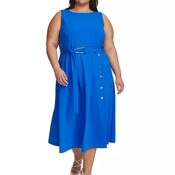 DKNY Blue Waist Belt Button Detail Crew Neck Sleeveless Scuba Crepe Dress Sz 20W - Picture 1 of 15